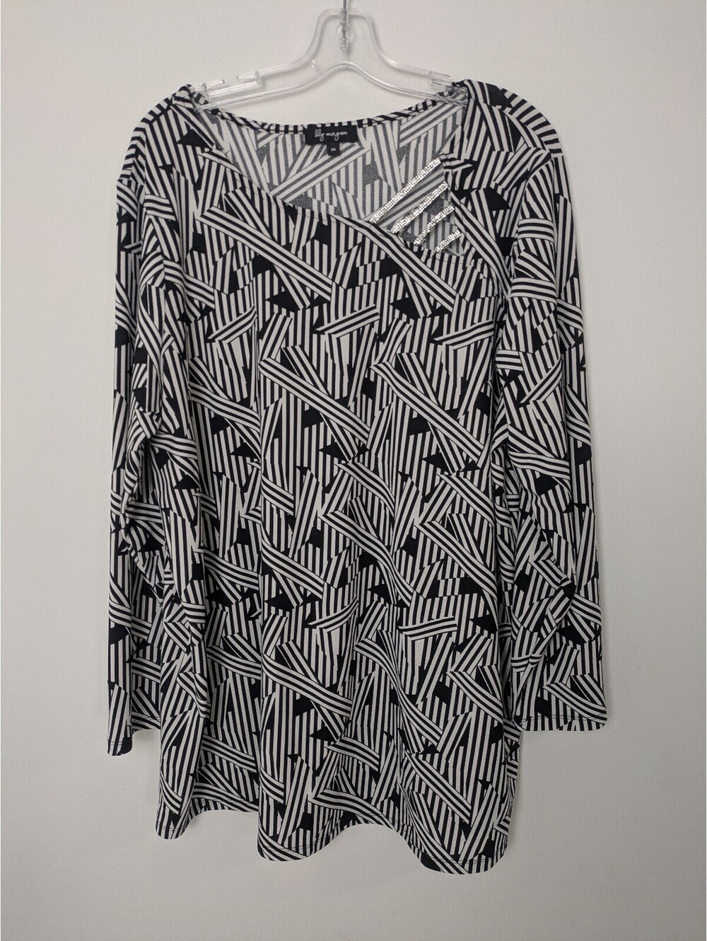 Lily Morgan Black White Geometric Print Tunic Top Rhinestone Accent Womens 2X